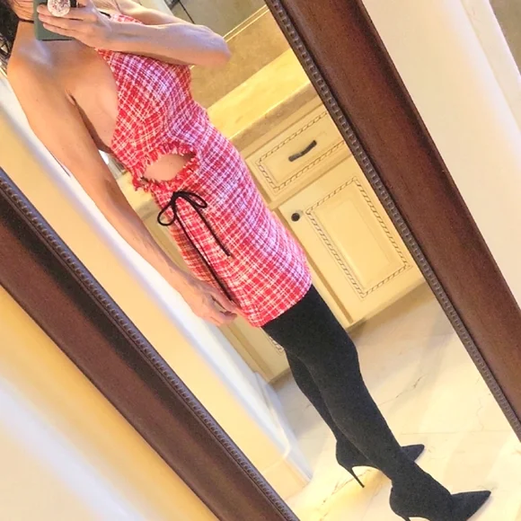 Self-Portrait Red & White Plaid Sleeveless Halter Mini Dress, Sz 0 - Picture 16 of 17